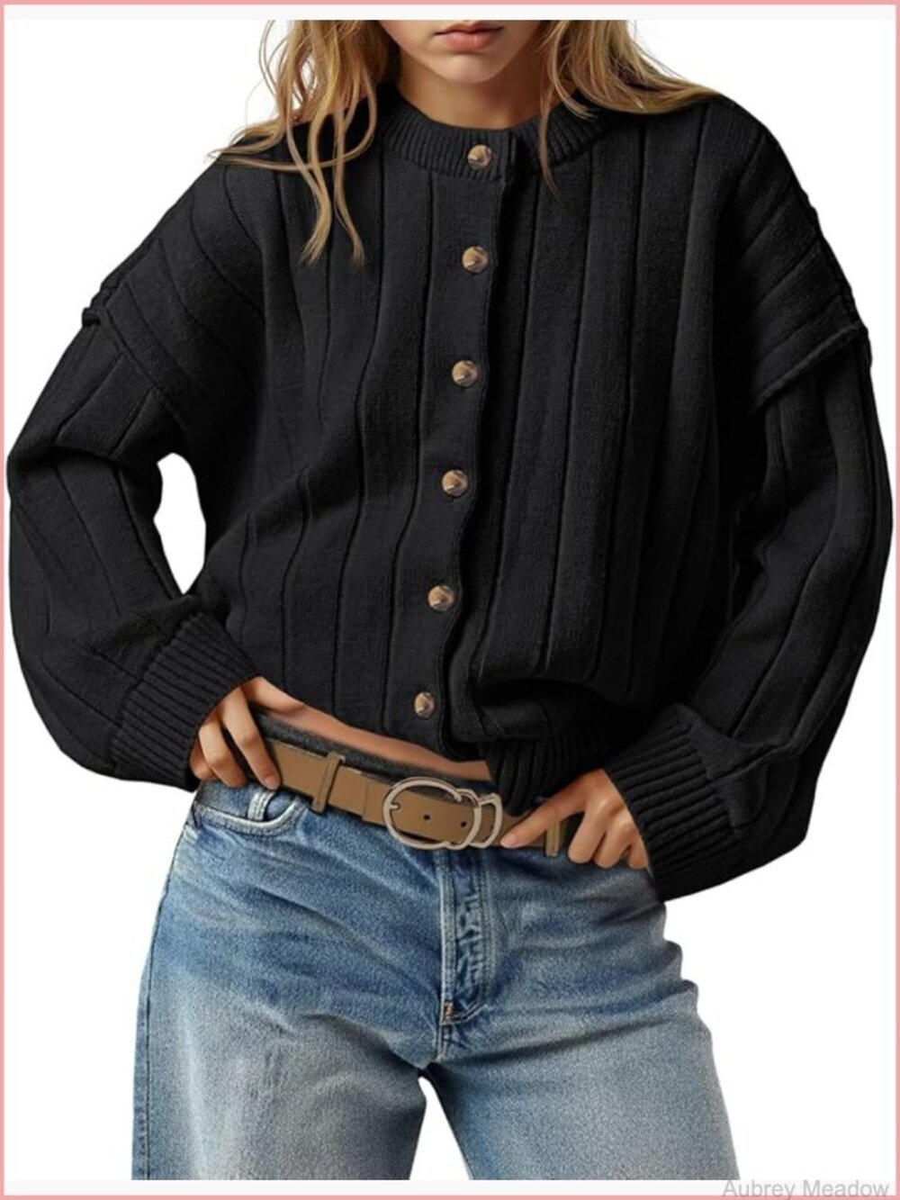 Open Front Cardigan Sweater Button Down Long Sleeve Crewneck Knit Loose Fall